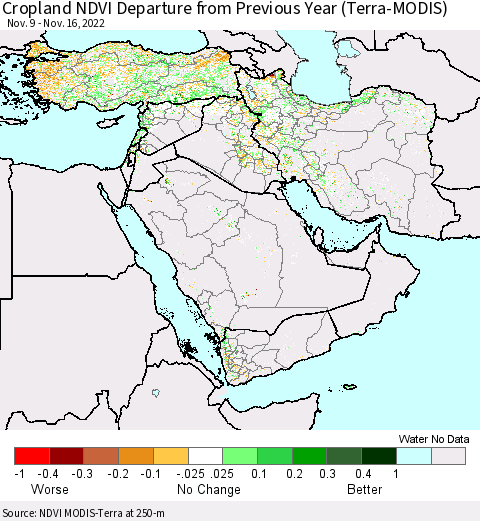 Middle East and Turkey Cropland NDVI Departure from Previous Year (Terra-MODIS) Thematic Map For 11/9/2022 - 11/16/2022