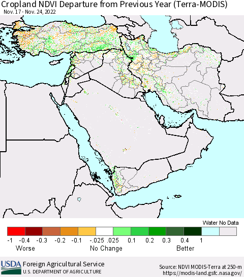 Middle East and Turkey Cropland NDVI Departure from Previous Year (Terra-MODIS) Thematic Map For 11/21/2022 - 11/30/2022