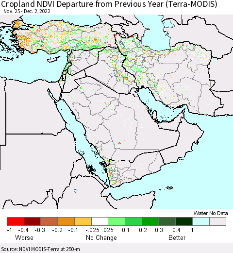 Middle East and Turkey Cropland NDVI Departure from Previous Year (Terra-MODIS) Thematic Map For 11/25/2022 - 12/2/2022