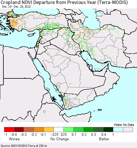 Middle East and Turkey Cropland NDVI Departure from Previous Year (Terra-MODIS) Thematic Map For 12/19/2022 - 12/26/2022