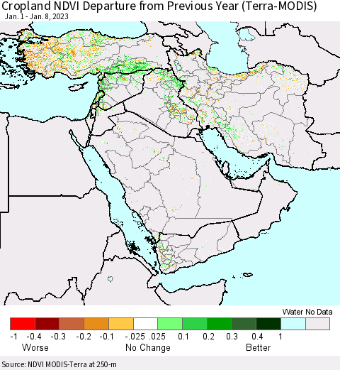 Middle East and Turkey Cropland NDVI Departure from Previous Year (Terra-MODIS) Thematic Map For 1/1/2023 - 1/8/2023