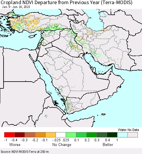 Middle East and Turkey Cropland NDVI Departure from Previous Year (Terra-MODIS) Thematic Map For 1/9/2023 - 1/16/2023
