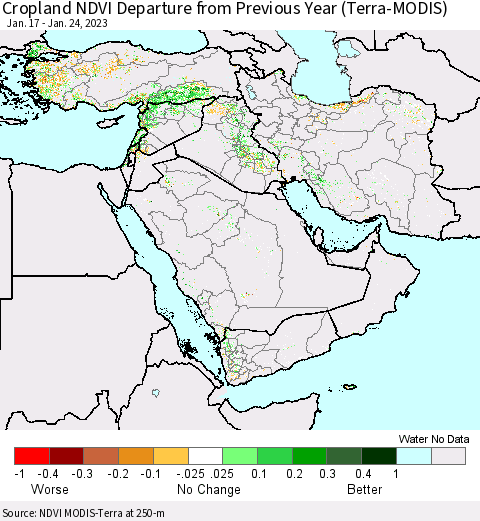 Middle East and Turkey Cropland NDVI Departure from Previous Year (Terra-MODIS) Thematic Map For 1/17/2023 - 1/24/2023