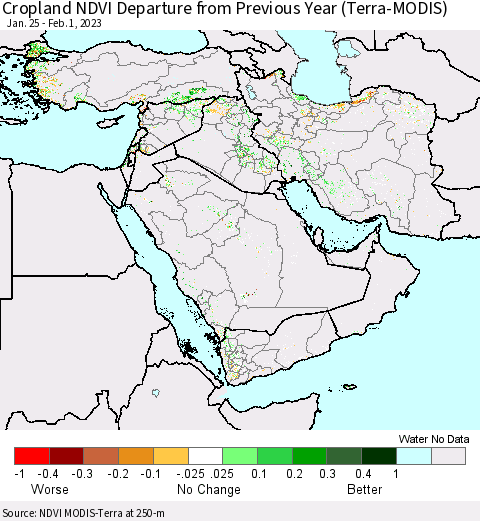 Middle East and Turkey Cropland NDVI Departure from Previous Year (Terra-MODIS) Thematic Map For 1/25/2023 - 2/1/2023