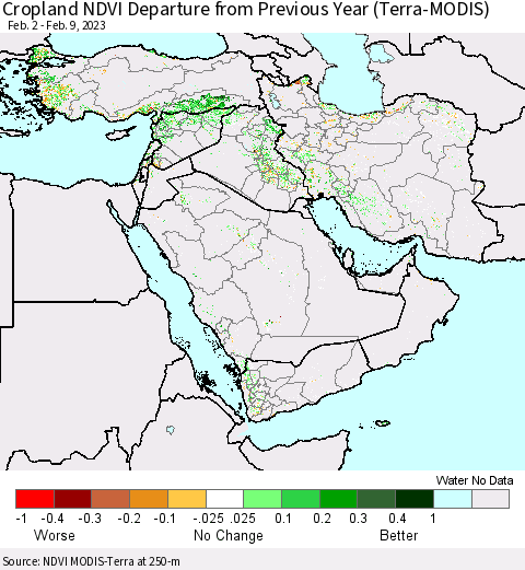 Middle East and Turkey Cropland NDVI Departure from Previous Year (Terra-MODIS) Thematic Map For 2/2/2023 - 2/9/2023