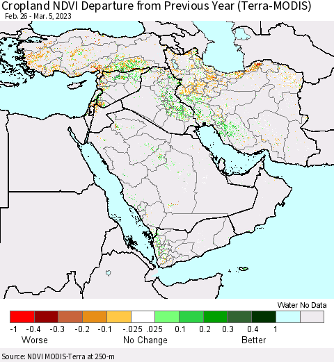 Middle East and Turkey Cropland NDVI Departure from Previous Year (Terra-MODIS) Thematic Map For 2/26/2023 - 3/5/2023