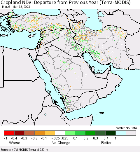 Middle East and Turkey Cropland NDVI Departure from Previous Year (Terra-MODIS) Thematic Map For 3/6/2023 - 3/13/2023