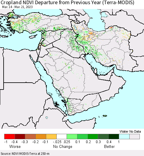 Middle East and Turkey Cropland NDVI Departure from Previous Year (Terra-MODIS) Thematic Map For 3/14/2023 - 3/21/2023