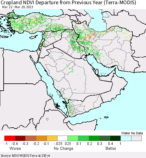 Middle East and Turkey Cropland NDVI Departure from Previous Year (Terra-MODIS) Thematic Map For 3/22/2023 - 3/29/2023