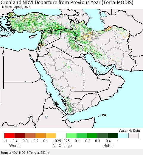 Middle East and Turkey Cropland NDVI Departure from Previous Year (Terra-MODIS) Thematic Map For 3/30/2023 - 4/6/2023