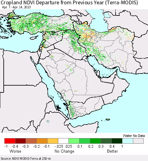 Middle East and Turkey Cropland NDVI Departure from Previous Year (Terra-MODIS) Thematic Map For 4/7/2023 - 4/14/2023