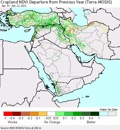 Middle East and Turkey Cropland NDVI Departure from Previous Year (Terra-MODIS) Thematic Map For 4/15/2023 - 4/22/2023