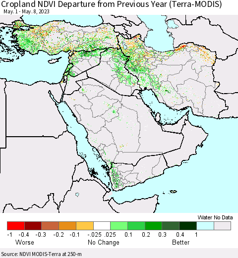 Middle East and Turkey Cropland NDVI Departure from Previous Year (Terra-MODIS) Thematic Map For 5/1/2023 - 5/8/2023