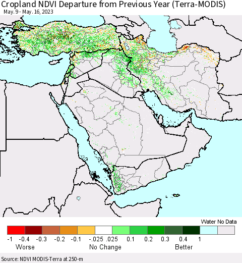 Middle East and Turkey Cropland NDVI Departure from Previous Year (Terra-MODIS) Thematic Map For 5/9/2023 - 5/16/2023