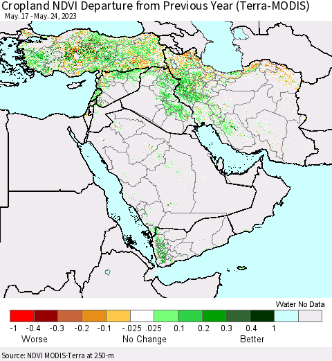 Middle East and Turkey Cropland NDVI Departure from Previous Year (Terra-MODIS) Thematic Map For 5/17/2023 - 5/24/2023