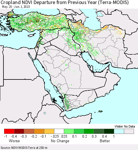 Middle East and Turkey Cropland NDVI Departure from Previous Year (Terra-MODIS) Thematic Map For 5/25/2023 - 6/1/2023