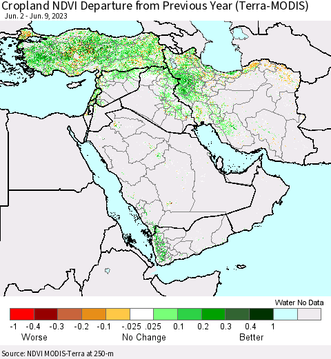 Middle East and Turkey Cropland NDVI Departure from Previous Year (Terra-MODIS) Thematic Map For 6/2/2023 - 6/9/2023
