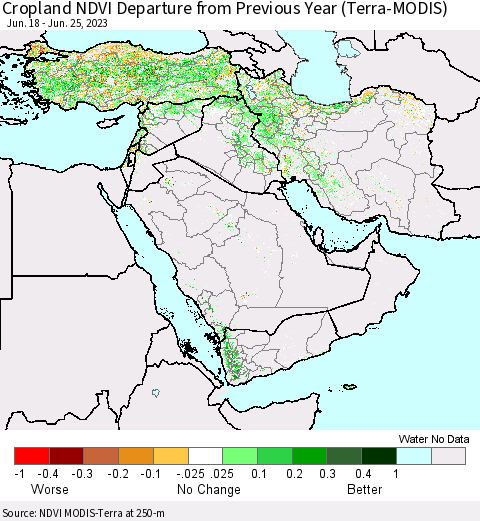 Middle East and Turkey Cropland NDVI Departure from Previous Year (Terra-MODIS) Thematic Map For 6/18/2023 - 6/25/2023