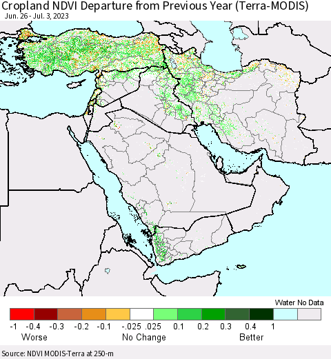 Middle East and Turkey Cropland NDVI Departure from Previous Year (Terra-MODIS) Thematic Map For 6/26/2023 - 7/3/2023