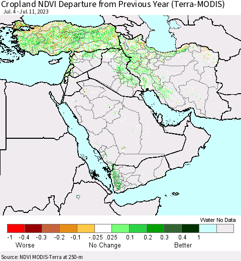 Middle East and Turkey Cropland NDVI Departure from Previous Year (Terra-MODIS) Thematic Map For 7/4/2023 - 7/11/2023