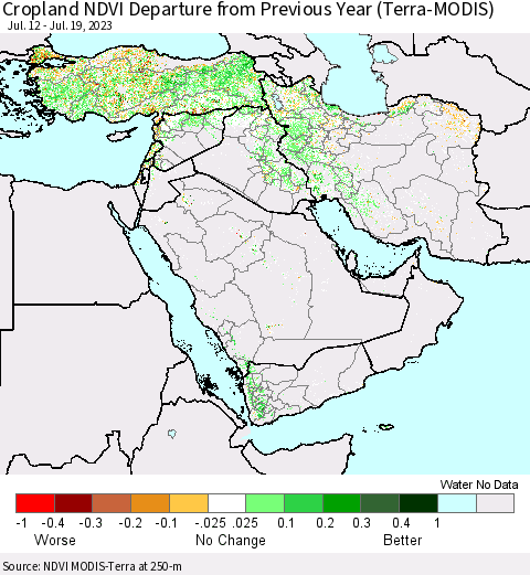 Middle East and Turkey Cropland NDVI Departure from Previous Year (Terra-MODIS) Thematic Map For 7/12/2023 - 7/19/2023