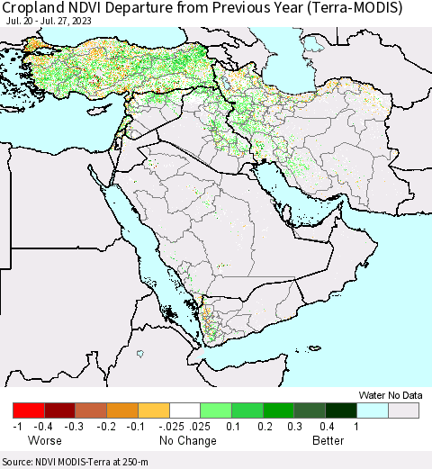 Middle East and Turkey Cropland NDVI Departure from Previous Year (Terra-MODIS) Thematic Map For 7/20/2023 - 7/27/2023