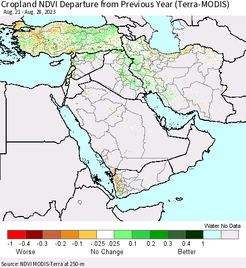 Middle East and Turkey Cropland NDVI Departure from Previous Year (Terra-MODIS) Thematic Map For 8/21/2023 - 8/28/2023