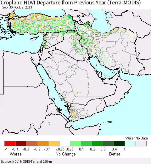 Middle East and Turkey Cropland NDVI Departure from Previous Year (Terra-MODIS) Thematic Map For 9/30/2023 - 10/7/2023