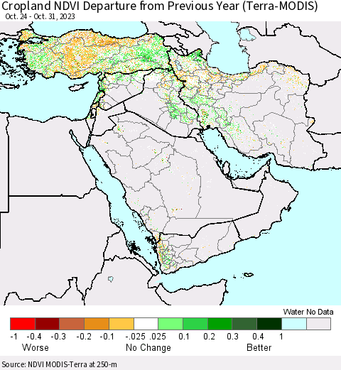 Middle East and Turkey Cropland NDVI Departure from Previous Year (Terra-MODIS) Thematic Map For 10/24/2023 - 10/31/2023