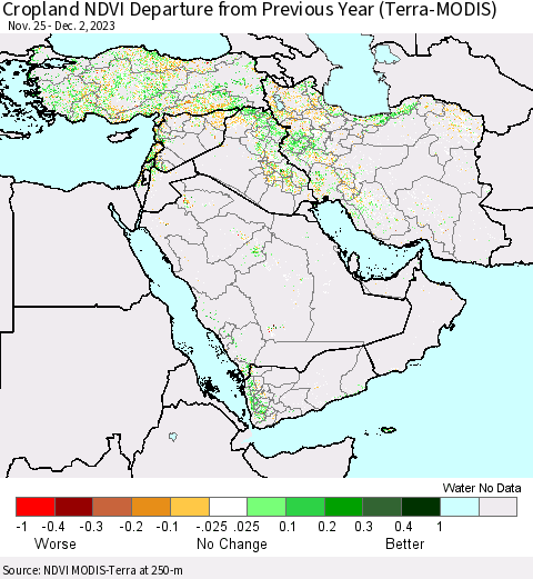 Middle East and Turkey Cropland NDVI Departure from Previous Year (Terra-MODIS) Thematic Map For 11/25/2023 - 12/2/2023