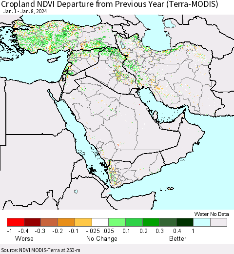 Middle East and Turkey Cropland NDVI Departure from Previous Year (Terra-MODIS) Thematic Map For 1/1/2024 - 1/8/2024