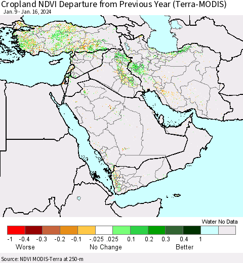 Middle East and Turkey Cropland NDVI Departure from Previous Year (Terra-MODIS) Thematic Map For 1/9/2024 - 1/16/2024