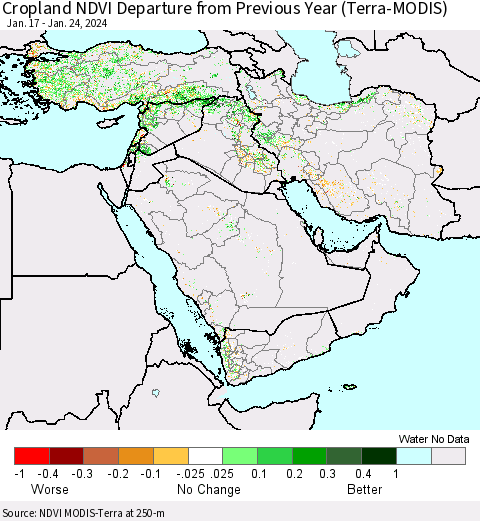 Middle East and Turkey Cropland NDVI Departure from Previous Year (Terra-MODIS) Thematic Map For 1/17/2024 - 1/24/2024