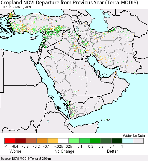 Middle East and Turkey Cropland NDVI Departure from Previous Year (Terra-MODIS) Thematic Map For 1/25/2024 - 2/1/2024
