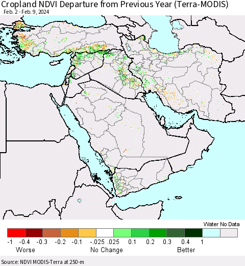 Middle East and Turkey Cropland NDVI Departure from Previous Year (Terra-MODIS) Thematic Map For 2/2/2024 - 2/9/2024