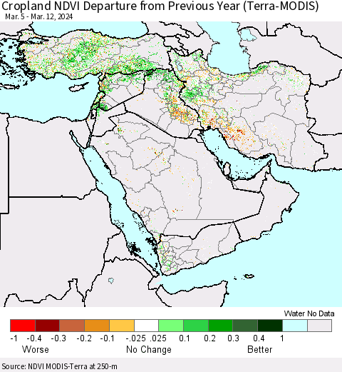 Middle East and Turkey Cropland NDVI Departure from Previous Year (Terra-MODIS) Thematic Map For 3/5/2024 - 3/12/2024