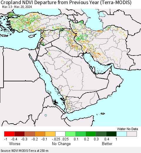 Middle East and Turkey Cropland NDVI Departure from Previous Year (Terra-MODIS) Thematic Map For 3/13/2024 - 3/20/2024