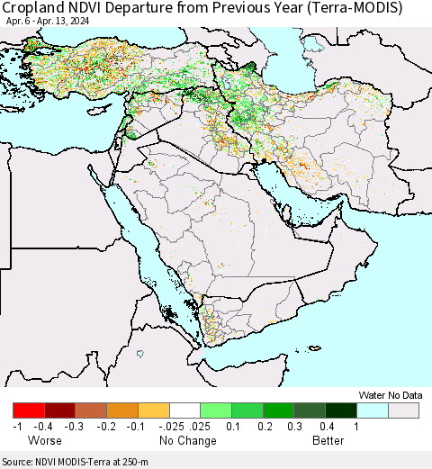Middle East and Turkey Cropland NDVI Departure from Previous Year (Terra-MODIS) Thematic Map For 4/6/2024 - 4/13/2024