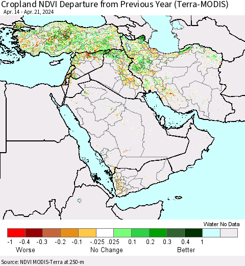 Middle East and Turkey Cropland NDVI Departure from Previous Year (Terra-MODIS) Thematic Map For 4/14/2024 - 4/21/2024