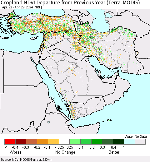 Middle East and Turkey Cropland NDVI Departure from Previous Year (Terra-MODIS) Thematic Map For 4/22/2024 - 4/29/2024