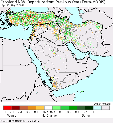 Middle East and Turkey Cropland NDVI Departure from Previous Year (Terra-MODIS) Thematic Map For 4/30/2024 - 5/7/2024