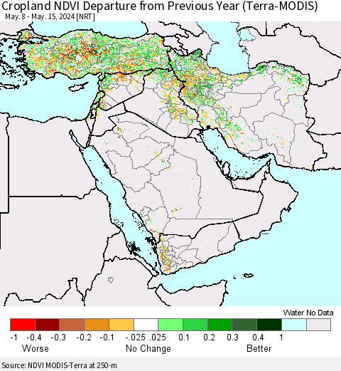 Middle East and Turkey Cropland NDVI Departure from Previous Year (Terra-MODIS) Thematic Map For 5/8/2024 - 5/15/2024