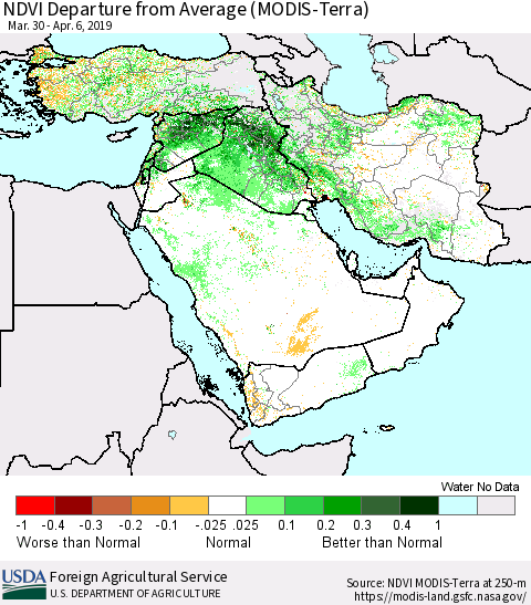 Middle East and Turkey NDVI Departure from Average (MODIS-Terra) Thematic Map For 4/1/2019 - 4/10/2019