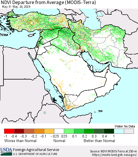 Middle East and Turkey NDVI Departure from Average (MODIS-Terra) Thematic Map For 5/11/2019 - 5/20/2019