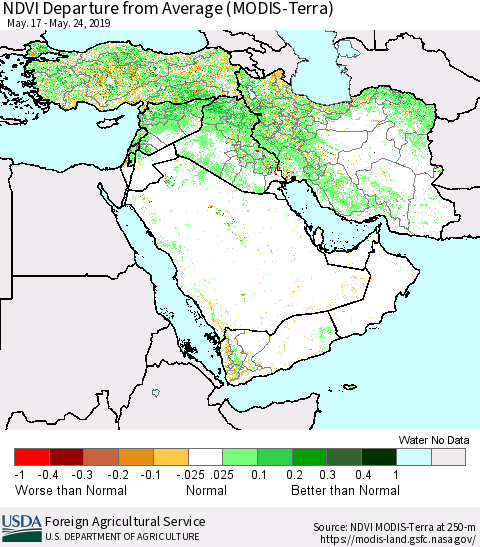 Middle East and Turkey NDVI Departure from Average (MODIS-Terra) Thematic Map For 5/21/2019 - 5/31/2019