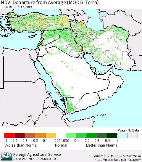 Middle East and Turkey NDVI Departure from Average (MODIS-Terra) Thematic Map For 6/11/2019 - 6/20/2019