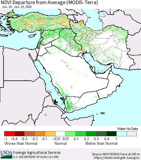 Middle East and Turkey NDVI Departure from Average (MODIS-Terra) Thematic Map For 6/21/2019 - 6/30/2019