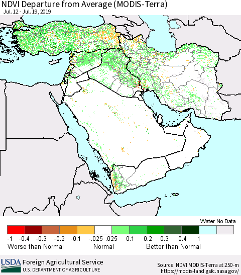 Middle East and Turkey NDVI Departure from Average (MODIS-Terra) Thematic Map For 7/11/2019 - 7/20/2019
