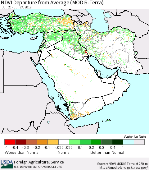 Middle East and Turkey NDVI Departure from Average (MODIS-Terra) Thematic Map For 7/21/2019 - 7/31/2019