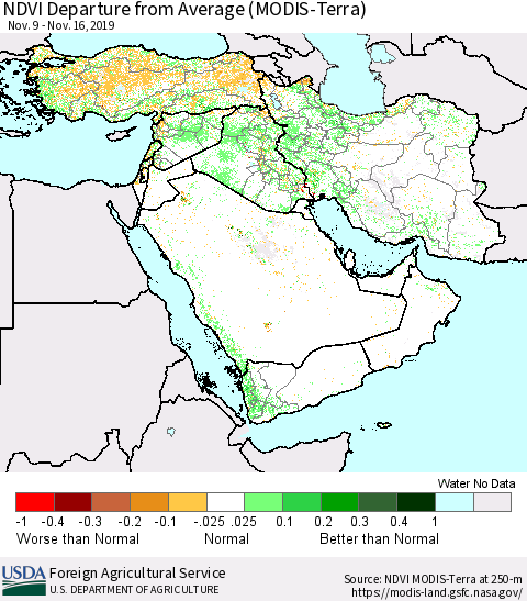 Middle East and Turkey NDVI Departure from Average (MODIS-Terra) Thematic Map For 11/11/2019 - 11/20/2019